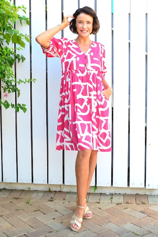 Pink White Front Button Up Tunic Dress Embroidered unclassified dresses