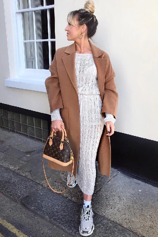 Beige Cable Knit Drawstring Waist Dress - Rhea Cocktail unclassified dresses