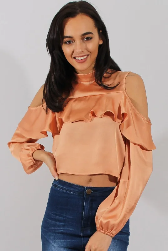 Gold Cold Shoulder Frill Layer Top - Lucy Neutral tone unclassified dresses