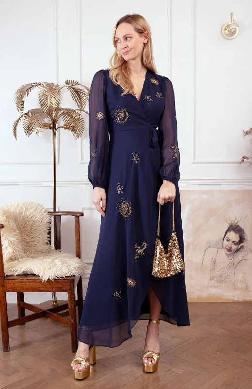 The Kai Embellished Blouson Sleeve Wrap Dress (Navy) Holiday unclassified dresses
