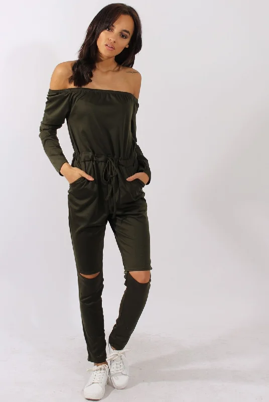 Khaki Bardot Split Knee Jumpsuit - Coran Bright color unclassified dresses