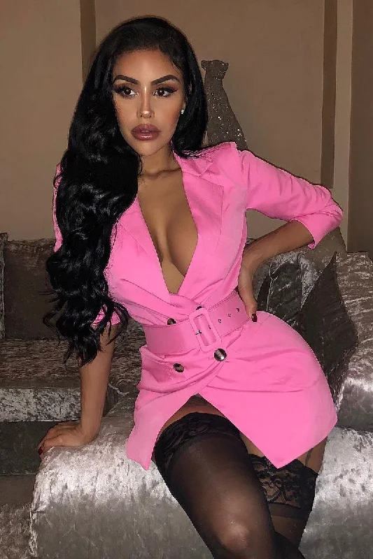 Pink Button Front Belted Blazer Dress - Justyne Fall unclassified dresses