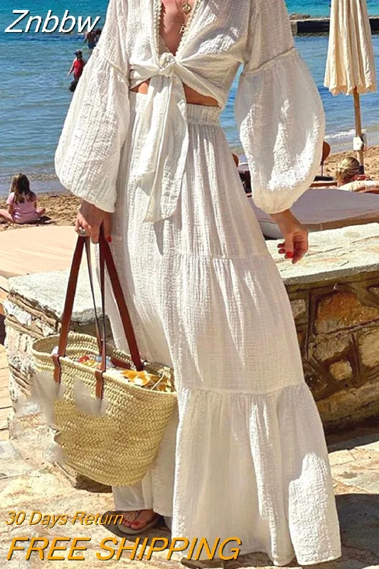 Znbbw Deep V Puff Sleeve Tie Up Top with Long Skirts Holiday Suit Casual Beach Party Women Two Piece Set 2023 Summer Loose Outfit