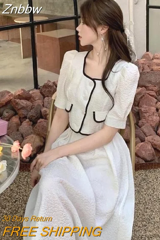 Znbbw Spring Summer Two Piece Sets Women Casual White Skirts 2Pcs Sets Bubble Sleeve Tops and Long Skirt