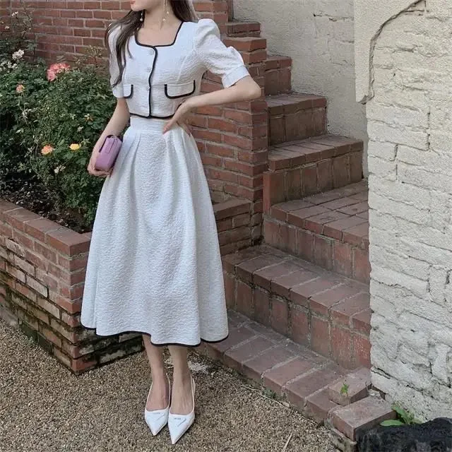 Znbbw Spring Summer Two Piece Sets Women Casual White Skirts 2Pcs Sets Bubble Sleeve Tops and Long Skirt