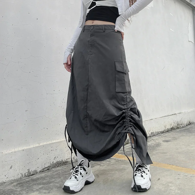 Znbbw Streetwear Women Long Skirt with Adjustable Drawstring Solid Color Casual Style Loose Summer Clothing