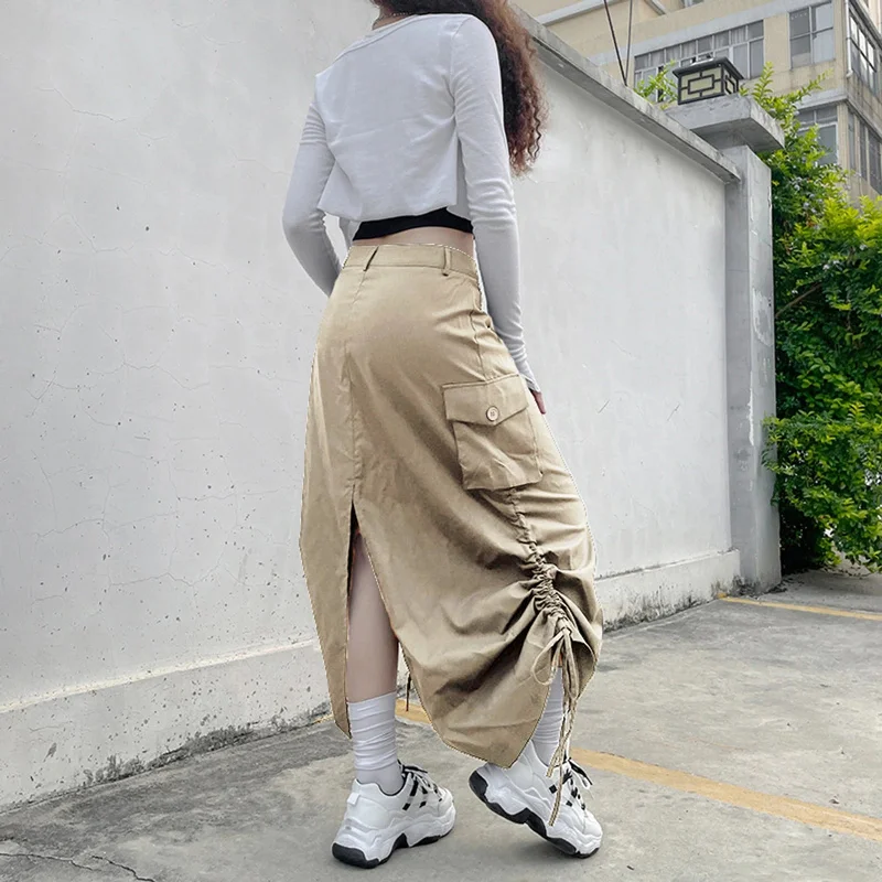 Znbbw Streetwear Women Long Skirt with Adjustable Drawstring Solid Color Casual Style Loose Summer Clothing