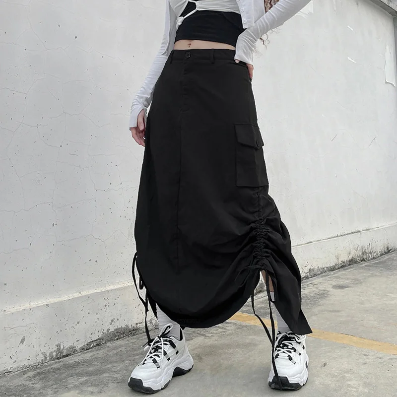 Znbbw Streetwear Women Long Skirt with Adjustable Drawstring Solid Color Casual Style Loose Summer Clothing