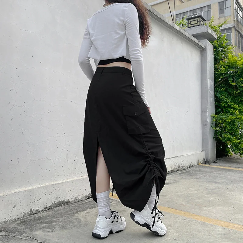 Znbbw Streetwear Women Long Skirt with Adjustable Drawstring Solid Color Casual Style Loose Summer Clothing