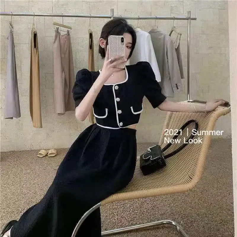 Znbbw Summer Two Piece Skirt Set Women 2 Piece Skirt and Top Set Black White Short Sleeve Long Skirt Matching Set Women