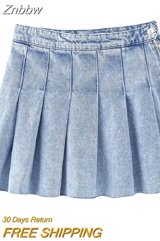 Znbbw TRAF Pleated Denim Mini Skirt Woman Solid Blue Jeans Summer Skirt For Women High Waist Sexy Short Skirts Y2k Streetwear