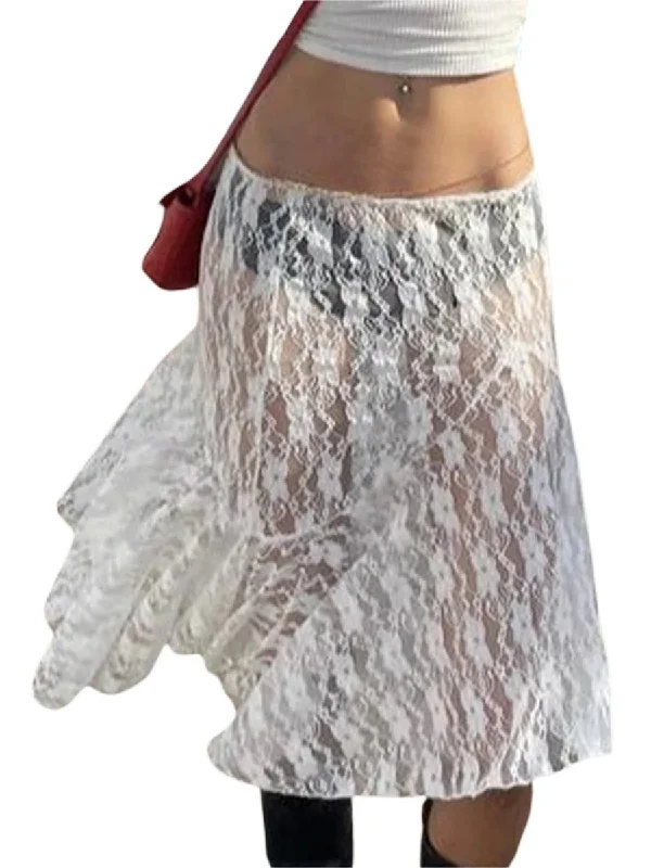 Znbbw White See-Through Floral Midi Skirt Sheer Mesh Low Waist Skirt Y2K Fairy Grunge Skirt Aesthetic Fairycore Beachwear