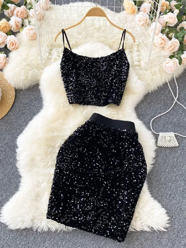 Znbbw Women Europe The United States Summer Sequins Backless Suspenders Short Tops Waist Thin Skirt Two-piece Suit Female D0801