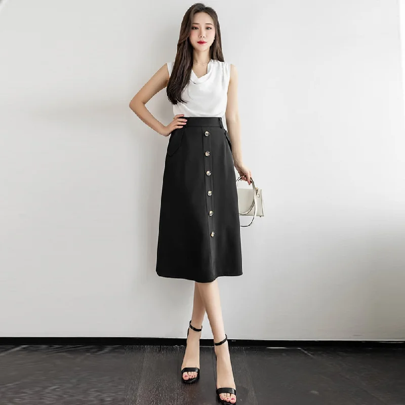 Znbbw Women's Skirts High Waist Single-Breasted Midi Skirts With Poakets Elegant Office All-Match Casual A-Line Skirts Jupe Femme 0410