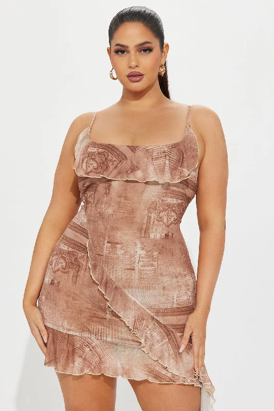 Baroque Babe Mesh Mini Dress - Tan