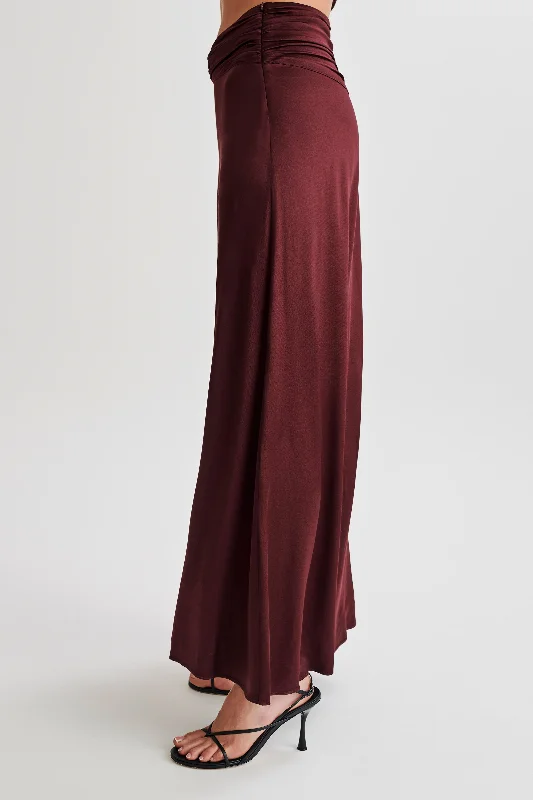 Clara Satin Ruched Maxi Skirt - Plum