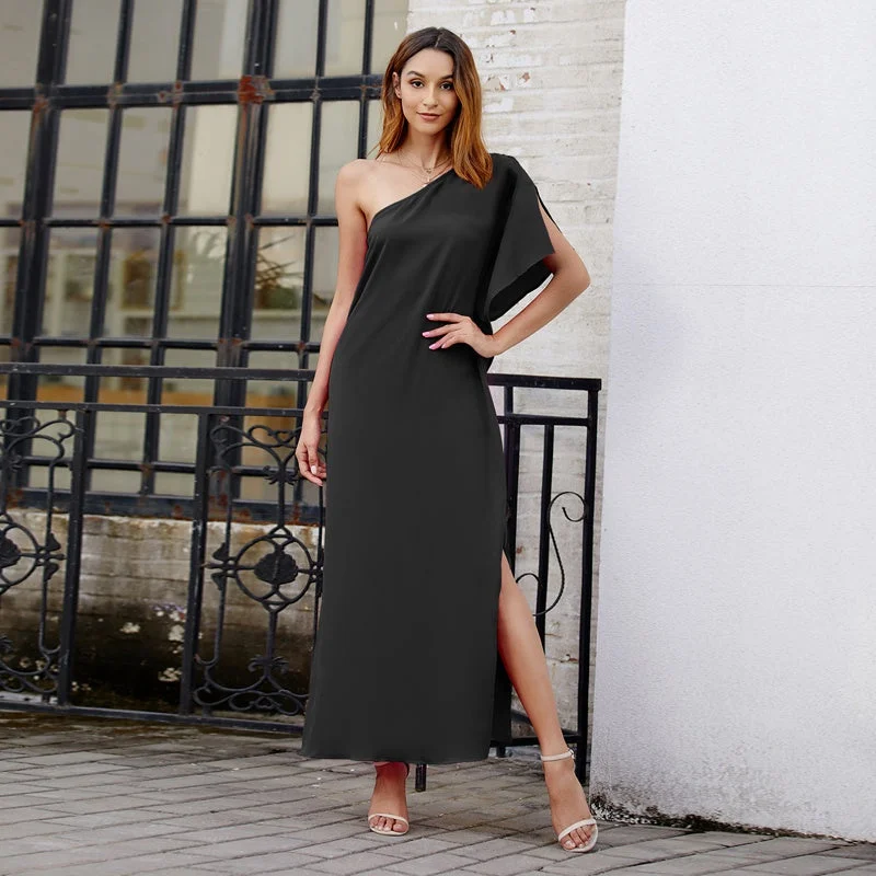 KittenAlarm - Fashion Women solid BOHO Dress side slit Maxi Short Sleeve Holiday Dress