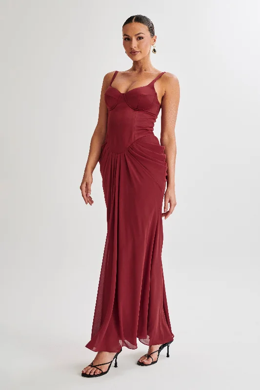 Leila Satin Corset Maxi Dress - Wine