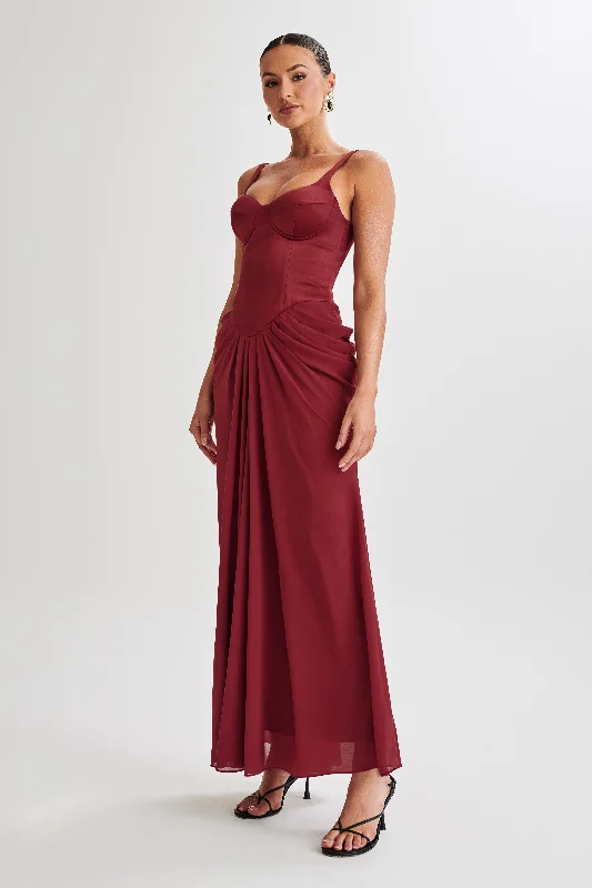 Leila Satin Corset Maxi Dress - Wine