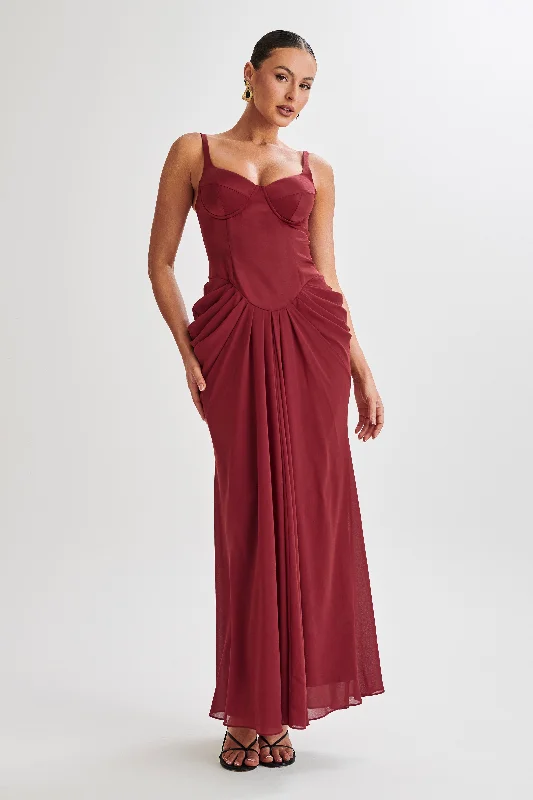 Leila Satin Corset Maxi Dress - Wine