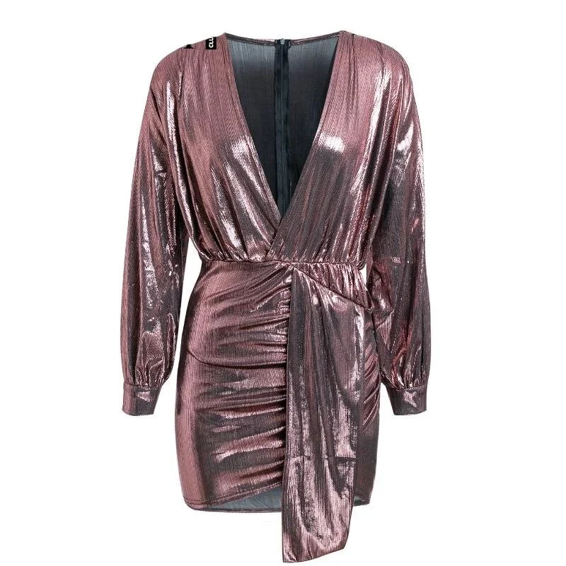 Metallic Satin Long Sleeve deep V Mini Dresses