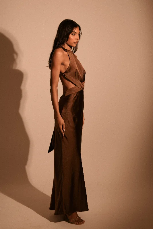 Nalani Satin Halter Maxi Dress - Chocolate