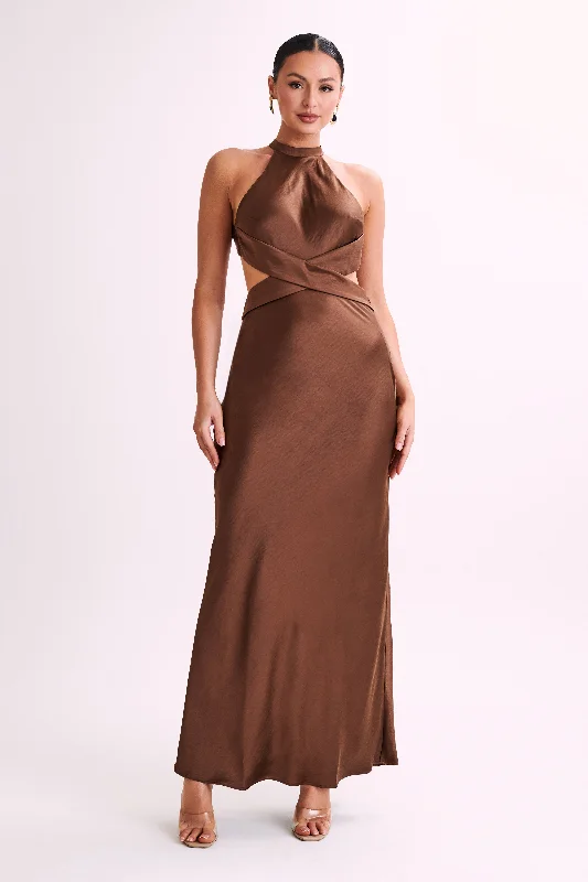 Nalani Satin Halter Maxi Dress - Chocolate