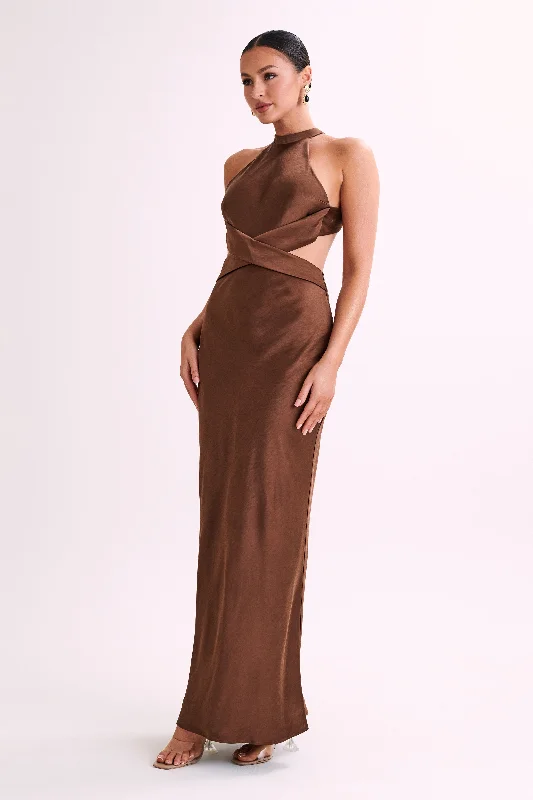 Nalani Satin Halter Maxi Dress - Chocolate