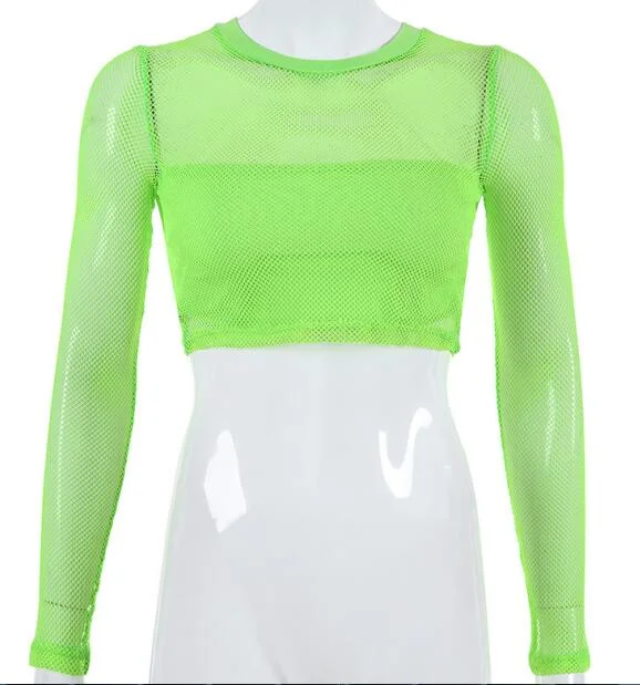 Neon Mesh Long Sleeve Crop Top And Mini Skirt