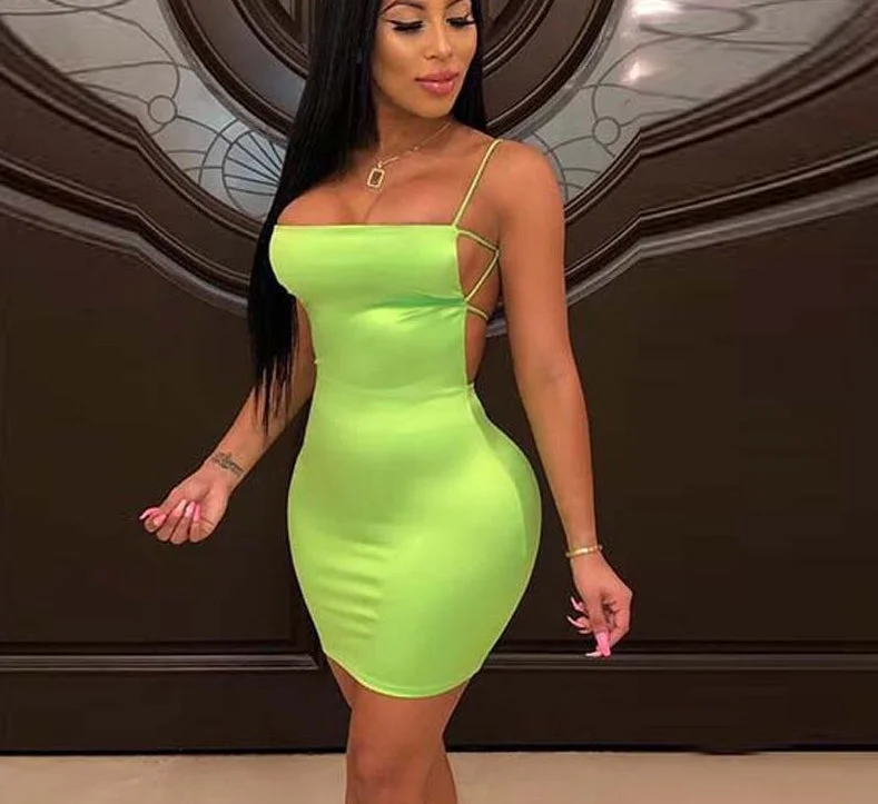 Neon Strap Backless Bodycon Mini Dresses