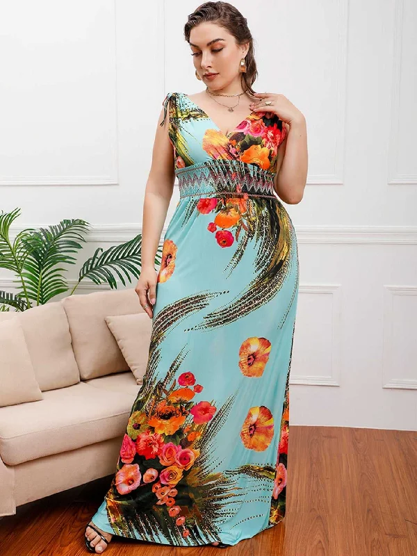 KittenAlarm - Plus Size Surplice Front Smocked Waist Maxi Dress