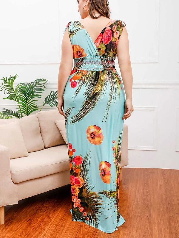 KittenAlarm - Plus Size Surplice Front Smocked Waist Maxi Dress