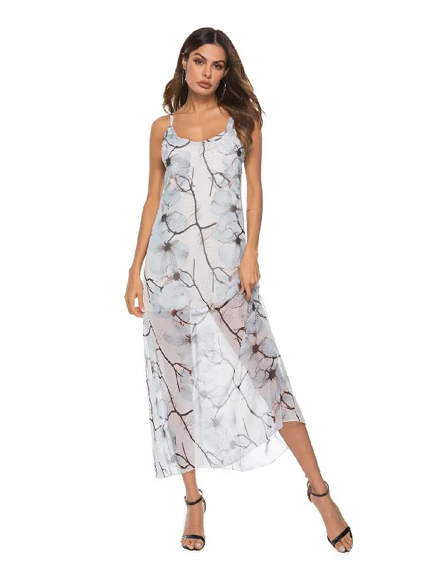 KittenAlarm - Print Sheer Mesh Maxi Cami Dress With Lining Without Lingerie