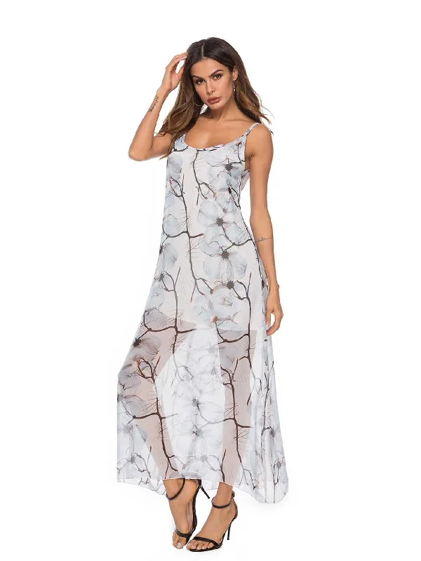 KittenAlarm - Print Sheer Mesh Maxi Cami Dress With Lining Without Lingerie