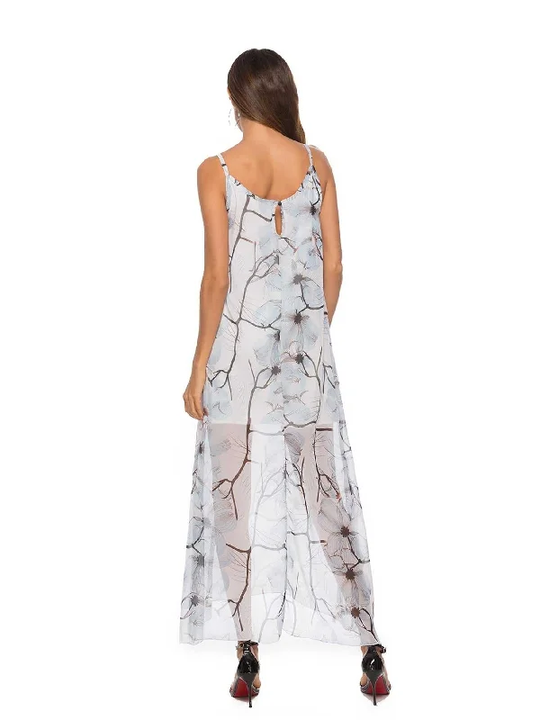 KittenAlarm - Print Sheer Mesh Maxi Cami Dress With Lining Without Lingerie