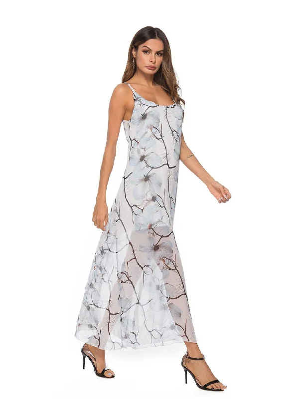 KittenAlarm - Print Sheer Mesh Maxi Cami Dress With Lining Without Lingerie