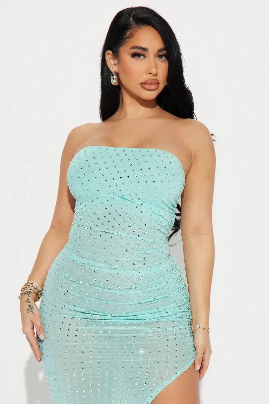 Rhinestone Mesh Maxi Dress - Aqua