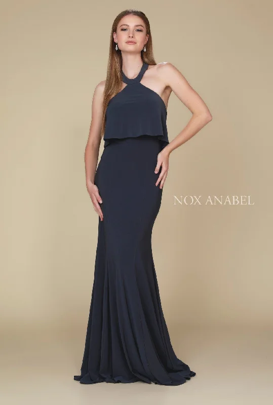 Ruffled Long Halter Dress with Train by Nox Anabel Q132