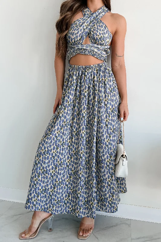 Tuning Out The World Printed Tie-Wrap Maxi Dress (Blue/Yellow)