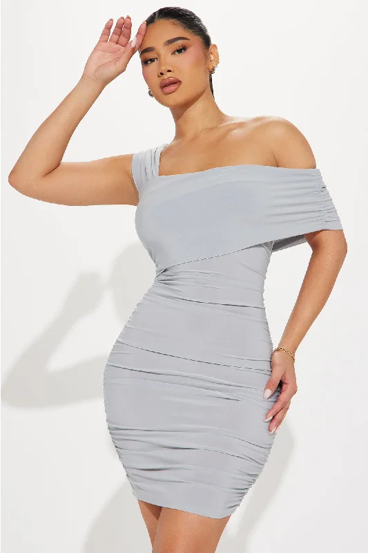 Wine and Dine Me Ruched Mini Dress - Grey