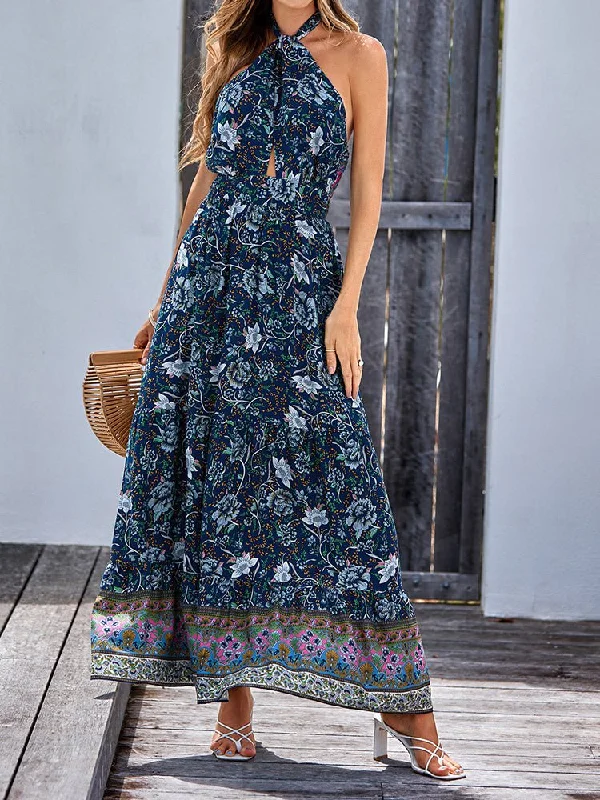 Bohemia Style Printed Casual Halter Maxi Dress