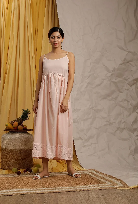 Baby Pink Cotton Schiffli Gathered Slip Dress