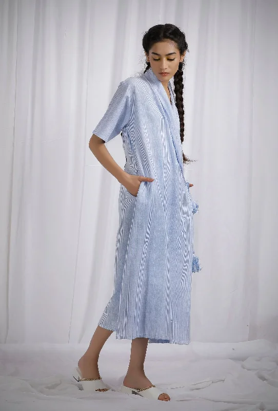 Blue Cotton Wrap Around Straight Dress