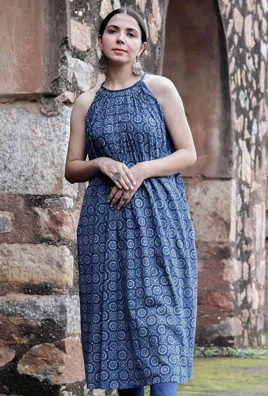 Druti Indigo Printed Flared Kurta Dress