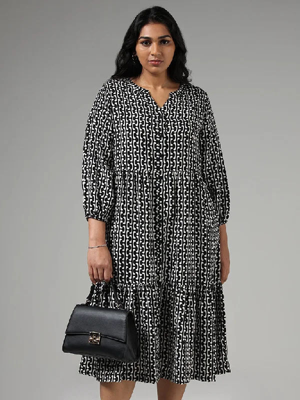 Gia Black Printed Button Down Tiered Dress