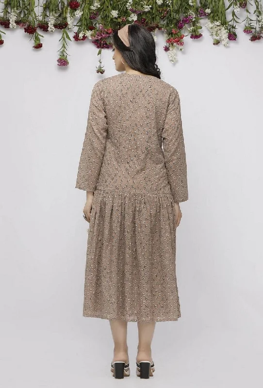 Beige Pleated Kota Hand-Block Printed Dress