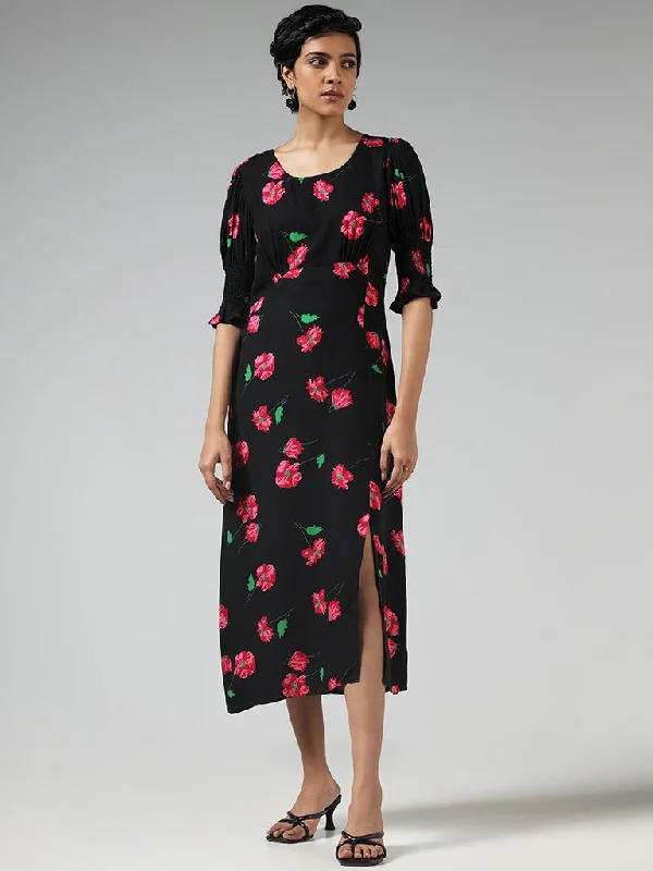 LOV Black Floral Printed Straight Dress