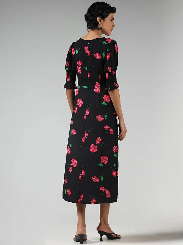 LOV Black Floral Printed Straight Dress