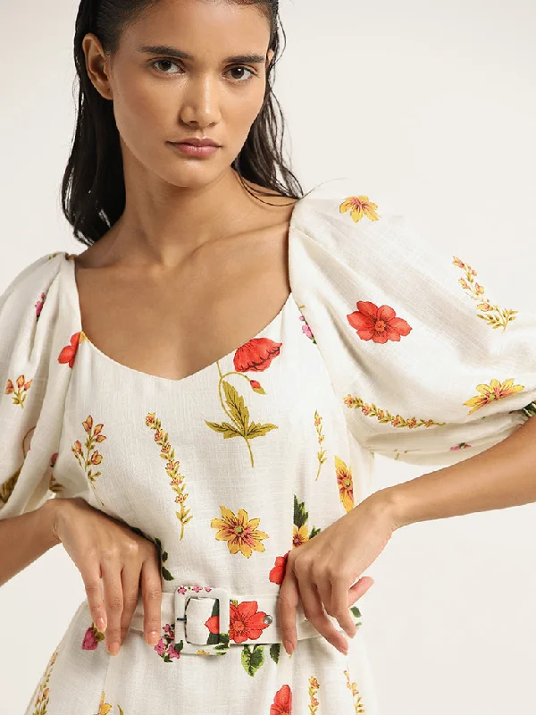 LOV Off-White Floral Blended Linen Dress with Belt