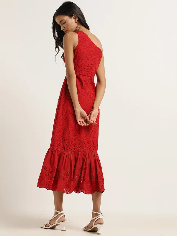 LOV Red Cotton Schiffli Dress